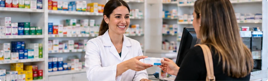 Farmacêutica atendendo cliente no balcão de uma farmácia